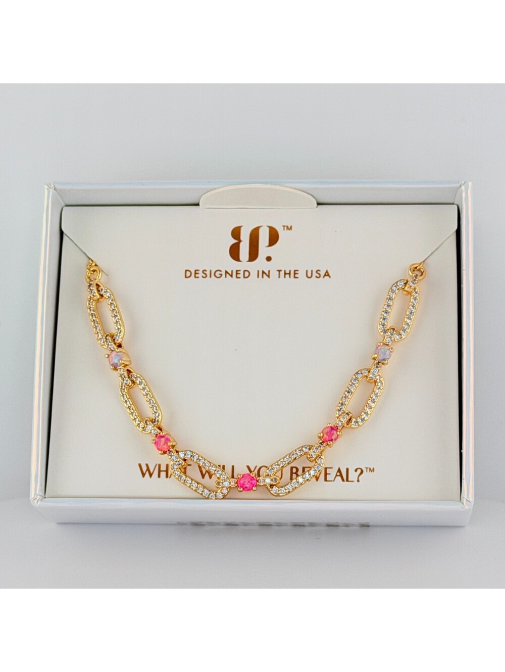 Bomb Party October Necklace "Fifth Avenue" Pink Fire Opal on Yellow Gold
